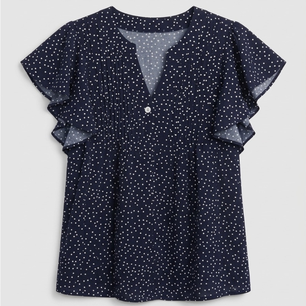 SHEIN Navy Blue Polka Dot Flutter Sleeve Pintuck Blouse